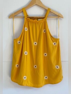 Monsoon Beach Halter Style Camisole Embroidered Daisy Boho Mustard Yellow M